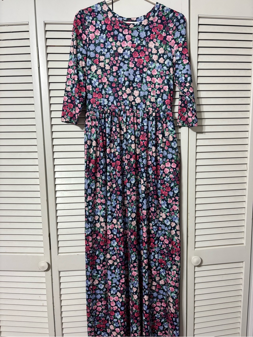 Navy Floral Maxi Dress with Pink & Light Blue Blooms